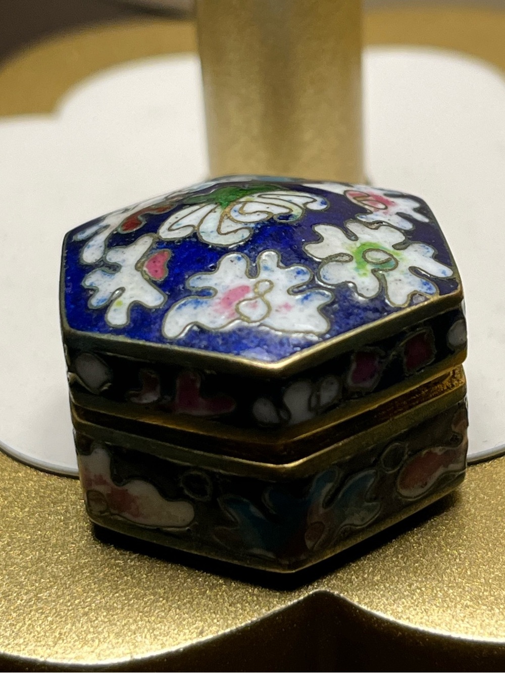 1950’s Chinese Pill Box Cloisonné Blue Floral Enamel Lidded Trinket Box